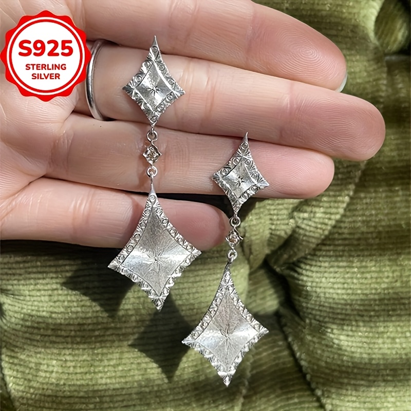 925 Hypoallergenic Retro Brushed Rhombus Pendant Stud Earrings
